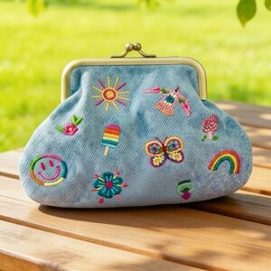 Colorful Embroidered Denim Kisslock